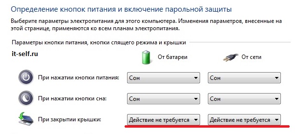 При закрытии крышки ноутбука ничего не происходит
